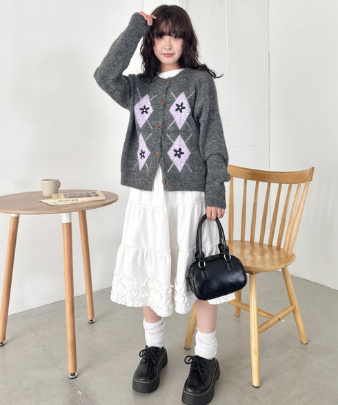 フラワー刺繍アーガイルニットカーディガン | SL2256112 | チャコールグレー
