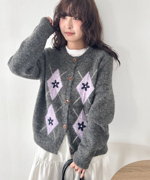 フラワー刺繍アーガイルニットカーディガン | SL2256112 | チャコールグレー