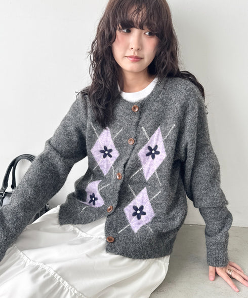 フラワー刺繍アーガイルニットカーディガン | SL2256112 | チャコールグレー