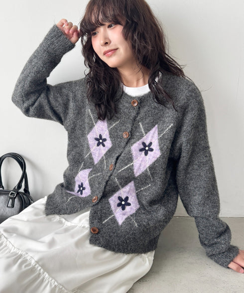 フラワー刺繍アーガイルニットカーディガン | SL2256112 | チャコールグレー