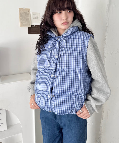 【袖取り外し可能】チェックリボンダウンジャケット/ダウンベスト | SL2254023 | ブルー