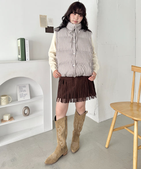 【袖取り外し可能】チェックリボンダウンジャケット/ダウンベスト | SL2254023 | ベージュ