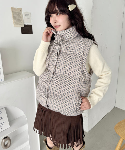 【袖取り外し可能】チェックリボンダウンジャケット/ダウンベスト | SL2254023 | ベージュ