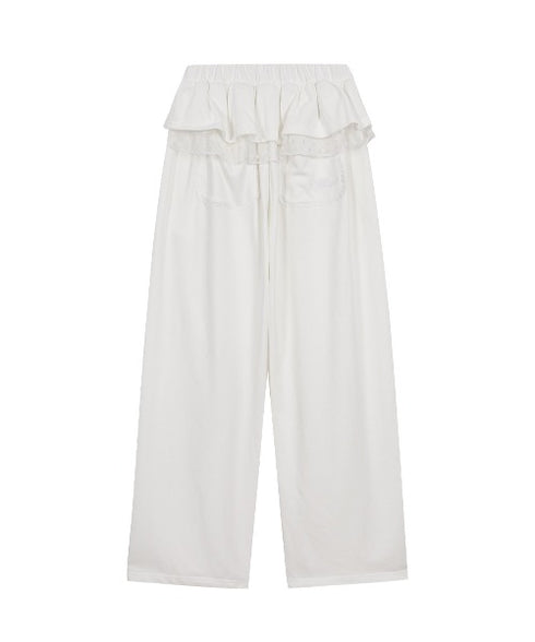 ILLIGO(イリゴ)/サイドライン ウエストフリル フェイクレイヤード ワイド ルーズ スウェットパンツ ブローチ付き/BLOOM RUFFLE LACE SWEAT PANTS | AT2254022 | ホワイト