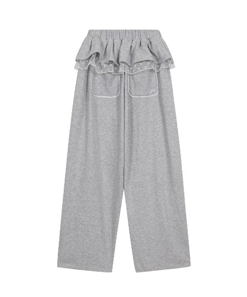 ILLIGO(イリゴ)/サイドライン ウエストフリル フェイクレイヤード ワイド ルーズ スウェットパンツ ブローチ付き/BLOOM RUFFLE LACE SWEAT PANTS | AT2254022 | グレー