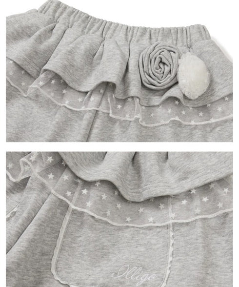 ILLIGO(イリゴ)/サイドライン ウエストフリル フェイクレイヤード ワイド ルーズ スウェットパンツ ブローチ付き/BLOOM RUFFLE LACE SWEAT PANTS | AT2254022 | グレー