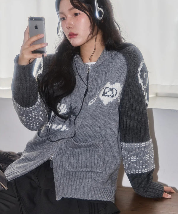 ILLIGO(イリゴ)/エンジェル カウチン ジップアップ ニット カーディガン/ANGEL RING COWICHAN KNIT ZIP-UP | AT2254023 | グレー