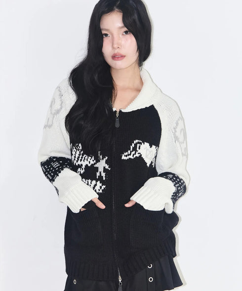 ILLIGO(イリゴ)/エンジェル カウチン ジップアップ ニット カーディガン/ANGEL RING COWICHAN KNIT ZIP-UP | AT2254023 | ブラック