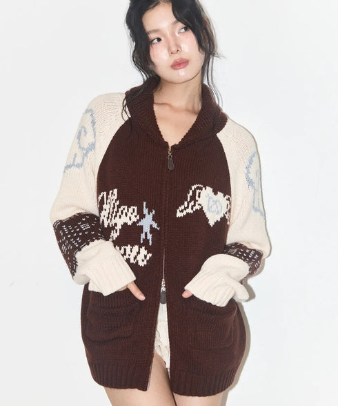 ILLIGO(イリゴ)/エンジェル カウチン ジップアップ ニット カーディガン/ANGEL RING COWICHAN KNIT ZIP-UP | AT2254023 | ブラウン