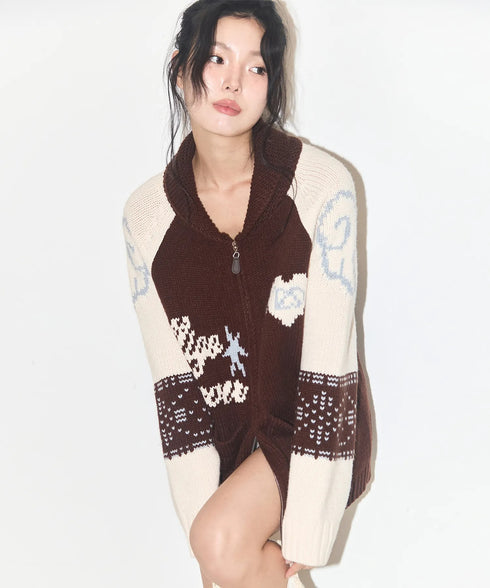 ILLIGO(イリゴ)/エンジェル カウチン ジップアップ ニット カーディガン/ANGEL RING COWICHAN KNIT ZIP-UP | AT2254023 | ブラウン