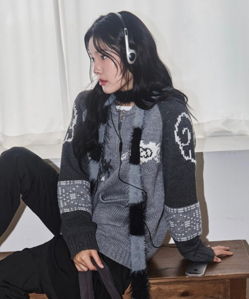 ILLIGO(イリゴ)/エンジェル カウチン ジップアップ ニット カーディガン/ANGEL RING COWICHAN KNIT ZIP-UP | AT2254023 | グレー