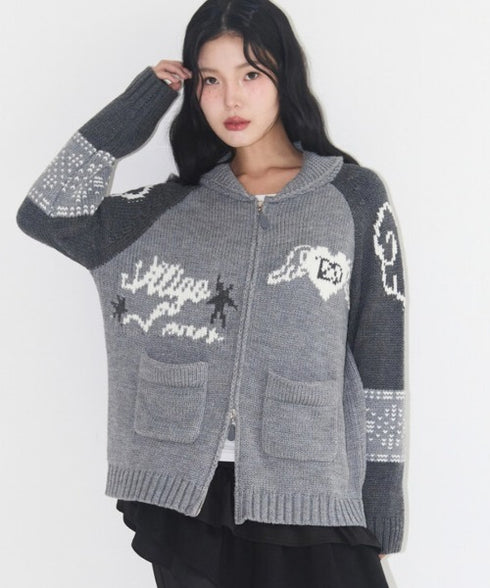ILLIGO(イリゴ)/エンジェル カウチン ジップアップ ニット カーディガン/ANGEL RING COWICHAN KNIT ZIP-UP | AT2254023 | グレー