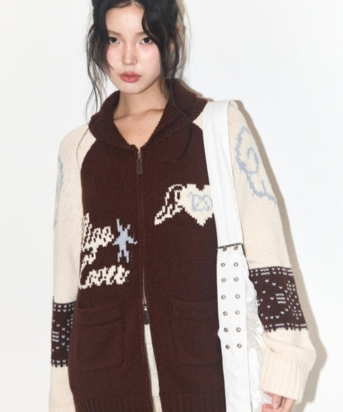 ILLIGO(イリゴ)/エンジェル カウチン ジップアップ ニット カーディガン/ANGEL RING COWICHAN KNIT ZIP-UP | AT2254023 | ブラウン