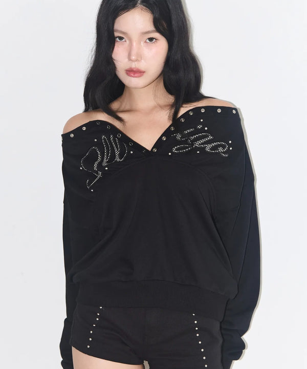 ILLIGO(イリゴ)/アイレット オフショルダー スウェット/BUTTON EYELET OFF-SHOULDER SWEATSHIRT | AT2254024 | ブラック