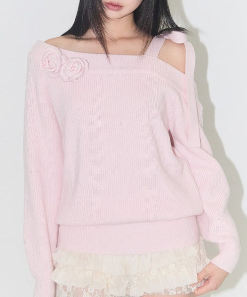 ILLIGO(イリゴ)/ブローチ付き オフショルダー ニット プルオーバー/BLOOM BOW OFF-SHOULDER KNIT | AT2254025 | ピンク