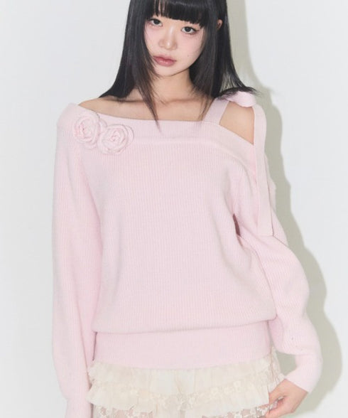 ILLIGO(イリゴ)/ブローチ付き オフショルダー ニット プルオーバー/BLOOM BOW OFF-SHOULDER KNIT | AT2254025 | ピンク