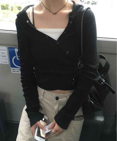 anyonemore(エニワンモア)/フード付き スナップボタン スリム カシュクール Tシャツ カットソー/Bitter Lab Hooded T-Shirt | AT2254031 | ブラック