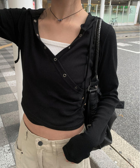 anyonemore(エニワンモア)/フード付き スナップボタン スリム カシュクール Tシャツ カットソー/Bitter Lab Hooded T-Shirt | AT2254031 | ブラック