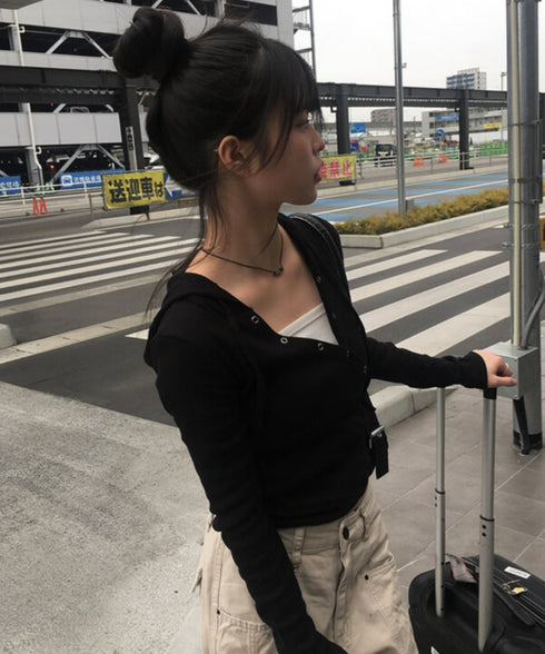 anyonemore(エニワンモア)/フード付き スナップボタン スリム カシュクール Tシャツ カットソー/Bitter Lab Hooded T-Shirt | AT2254031 | ブラック