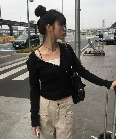 anyonemore(エニワンモア)/フード付き スナップボタン スリム カシュクール Tシャツ カットソー/Bitter Lab Hooded T-Shirt | AT2254031 | ブラック