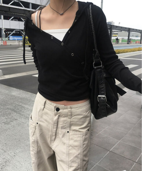 anyonemore(エニワンモア)/フード付き スナップボタン スリム カシュクール Tシャツ カットソー/Bitter Lab Hooded T-Shirt | AT2254031 | ブラック