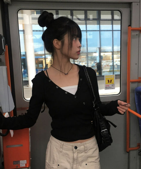 anyonemore(エニワンモア)/フード付き スナップボタン スリム カシュクール Tシャツ カットソー/Bitter Lab Hooded T-Shirt | AT2254031 | ブラック