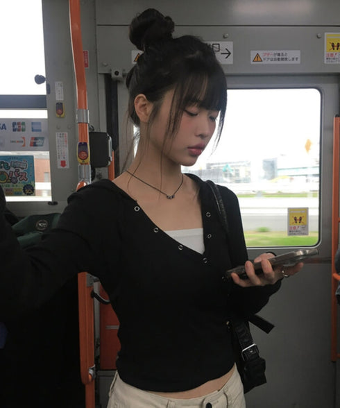 anyonemore(エニワンモア)/フード付き スナップボタン スリム カシュクール Tシャツ カットソー/Bitter Lab Hooded T-Shirt | AT2254031 | ブラック