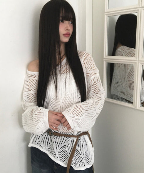 anyonemore(エニワンモア)/(ベルト+キャミソールセット)ベルト付き メッシュニット パット付きキャミソール セット/Hills Loose fit Hippie Mesh Knitwear Cap sleeveless Set | AT2254032 | アイボリー