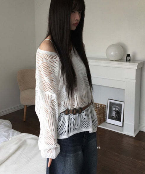 anyonemore(エニワンモア)/(ベルト+キャミソールセット)ベルト付き メッシュニット パット付きキャミソール セット/Hills Loose fit Hippie Mesh Knitwear Cap sleeveless Set | AT2254032 | アイボリー