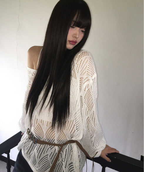 anyonemore(エニワンモア)/(ベルト+キャミソールセット)ベルト付き メッシュニット パット付きキャミソール セット/Hills Loose fit Hippie Mesh Knitwear Cap sleeveless Set | AT2254032 | アイボリー