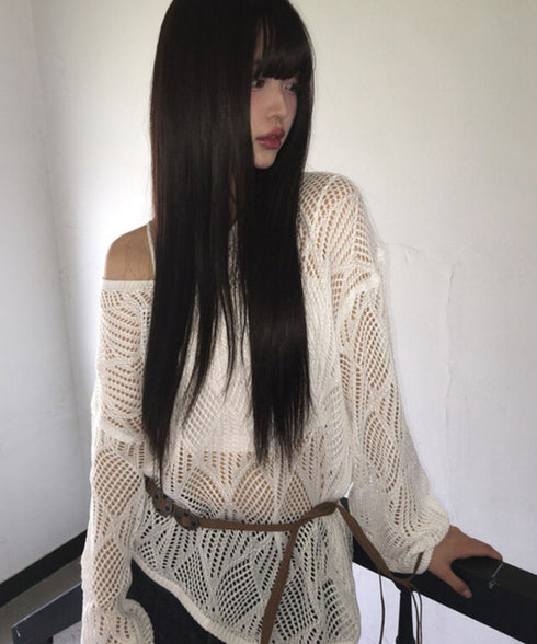 anyonemore(エニワンモア)/(ベルト+キャミソールセット)ベルト付き メッシュニット パット付きキャミソール セット/Hills Loose fit Hippie Mesh Knitwear Cap sleeveless Set | AT2254032 | アイボリー