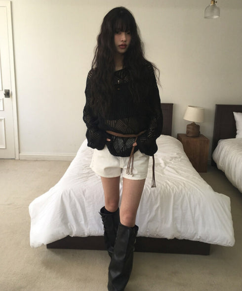 anyonemore(エニワンモア)/(ベルト+キャミソールセット)ベルト付き メッシュニット パット付きキャミソール セット/Hills Loose fit Hippie Mesh Knitwear Cap sleeveless Set | AT2254032 | ブラック