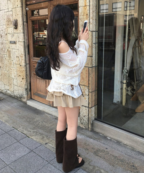 anyonemore(エニワンモア)/(ベルト+キャミソールセット)ベルト付き メッシュニット パット付きキャミソール セット/Hills Loose fit Hippie Mesh Knitwear Cap sleeveless Set | AT2254032 | ベージュ