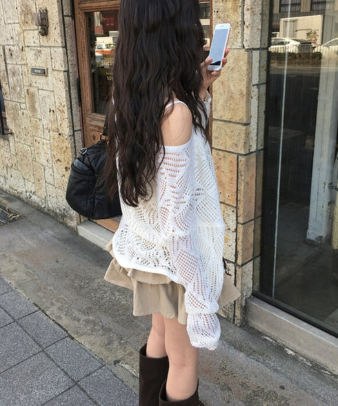 anyonemore(エニワンモア)/(ベルト+キャミソールセット)ベルト付き メッシュニット パット付きキャミソール セット/Hills Loose fit Hippie Mesh Knitwear Cap sleeveless Set | AT2254032 | ベージュ