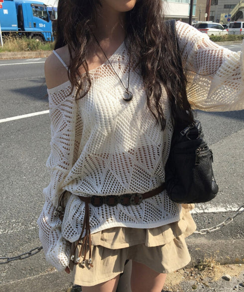 anyonemore(エニワンモア)/(ベルト+キャミソールセット)ベルト付き メッシュニット パット付きキャミソール セット/Hills Loose fit Hippie Mesh Knitwear Cap sleeveless Set | AT2254032 | ベージュ