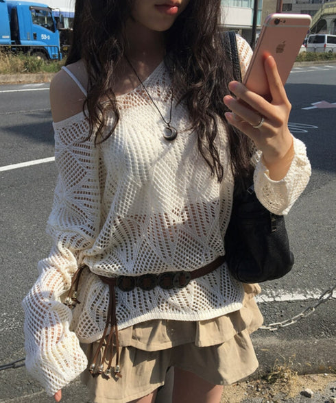 anyonemore(エニワンモア)/(ベルト+キャミソールセット)ベルト付き メッシュニット パット付きキャミソール セット/Hills Loose fit Hippie Mesh Knitwear Cap sleeveless Set | AT2254032 | ベージュ