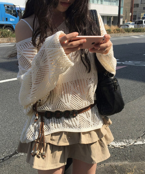 anyonemore(エニワンモア)/(ベルト+キャミソールセット)ベルト付き メッシュニット パット付きキャミソール セット/Hills Loose fit Hippie Mesh Knitwear Cap sleeveless Set | AT2254032 | ベージュ