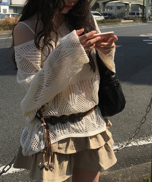 anyonemore(エニワンモア)/(ベルト+キャミソールセット)ベルト付き メッシュニット パット付きキャミソール セット/Hills Loose fit Hippie Mesh Knitwear Cap sleeveless Set | AT2254032 | ベージュ