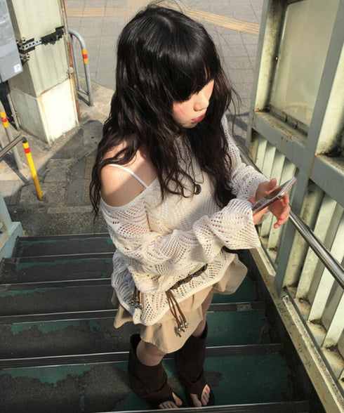 anyonemore(エニワンモア)/(ベルト+キャミソールセット)ベルト付き メッシュニット パット付きキャミソール セット/Hills Loose fit Hippie Mesh Knitwear Cap sleeveless Set | AT2254032 | ベージュ