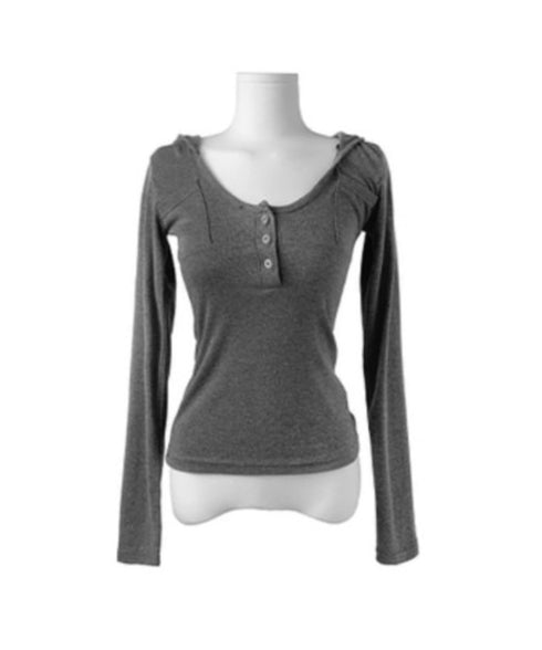 anyonemore(エニワンモア)/フード付き スナップボタン スリムフィット 長袖 Tシャツ/Rezer Hoodie Button Long Sleeve T-Shirt | AT2254036 | チャコールグレー