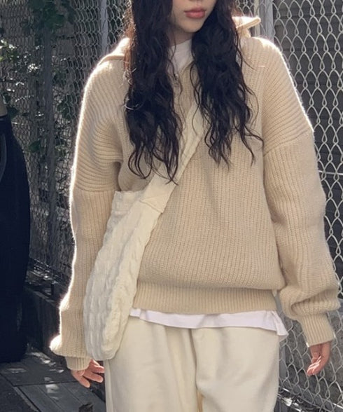 anyonemore(エニワンモア)/2WAY ルーズ ハーフジップ ハイネック ニット プルオーバー/Vanilla Neck Collar Loose Fit Knit Half Zip-Up | AT2254037 | ベージュ