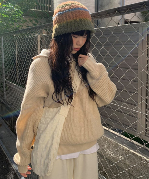 anyonemore(エニワンモア)/2WAY ルーズ ハーフジップ ハイネック ニット プルオーバー/Vanilla Neck Collar Loose Fit Knit Half Zip-Up | AT2254037 | ベージュ
