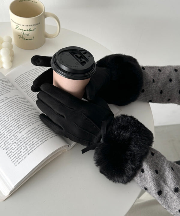 【スマホ対応】リボンモチーフ付きファー手袋 | CL6254014 | ブラック
