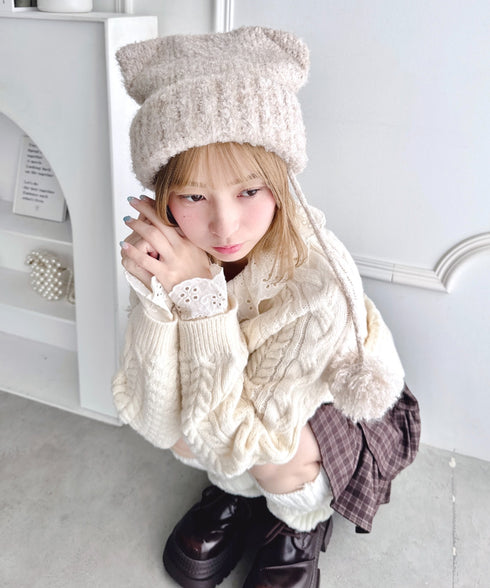 ねこみみポンポンニットビーニー | LO5254039 | ライトベージュ