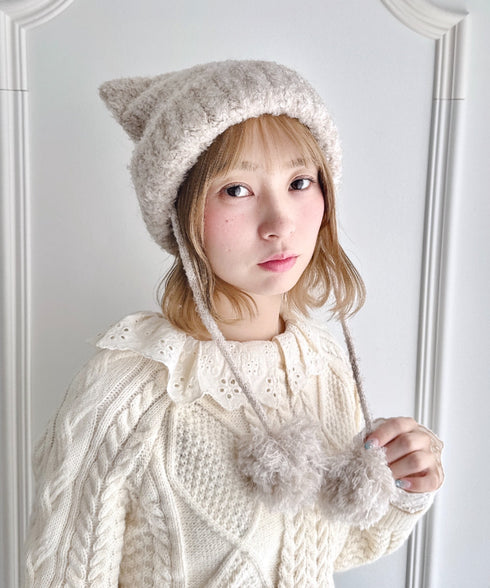 ねこみみポンポンニットビーニー | LO5254039 | ライトベージュ