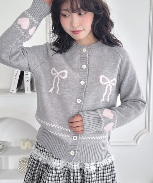 リボンハートジャガードニットカーディガン | LO2256079 | グレー