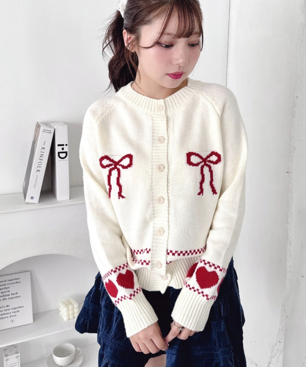 リボンハートジャガードニットカーディガン | LO2256079 | アイボリー