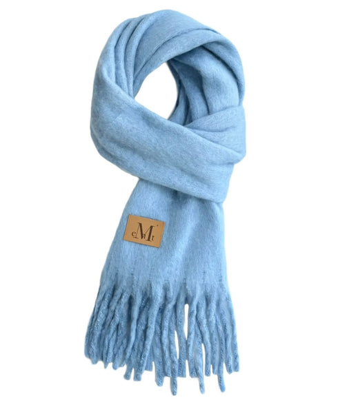 MUCENT(ムセント)/ボリューム フリンジ マフラー ロゴパッチ付き/SIGNATURE MUFFLER | AT6254043 | ライトブルー