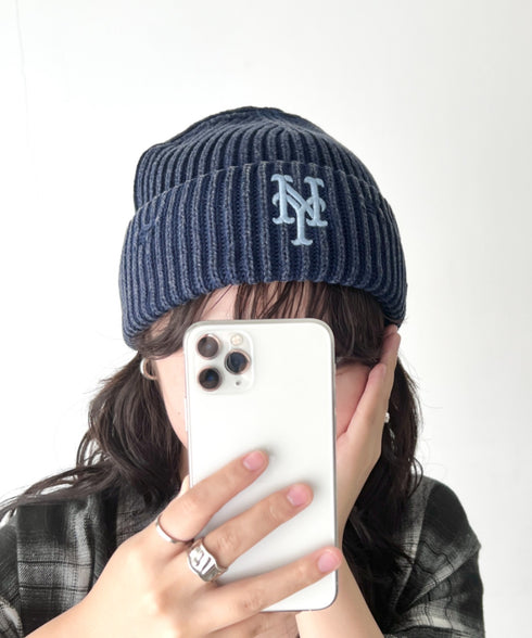 MLB KOREA(エムエルビーコリア)/ヴィンテージ ロゴ ダメージ ビーニー ニット帽/Vintage basic mid beanie | AT5254049 | ネイビー