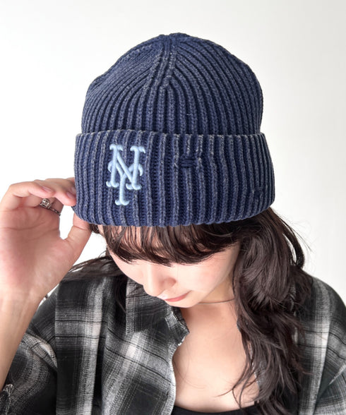 MLB KOREA(エムエルビーコリア)/ヴィンテージ ロゴ ダメージ ビーニー ニット帽/Vintage basic mid beanie | AT5254049 | ネイビー